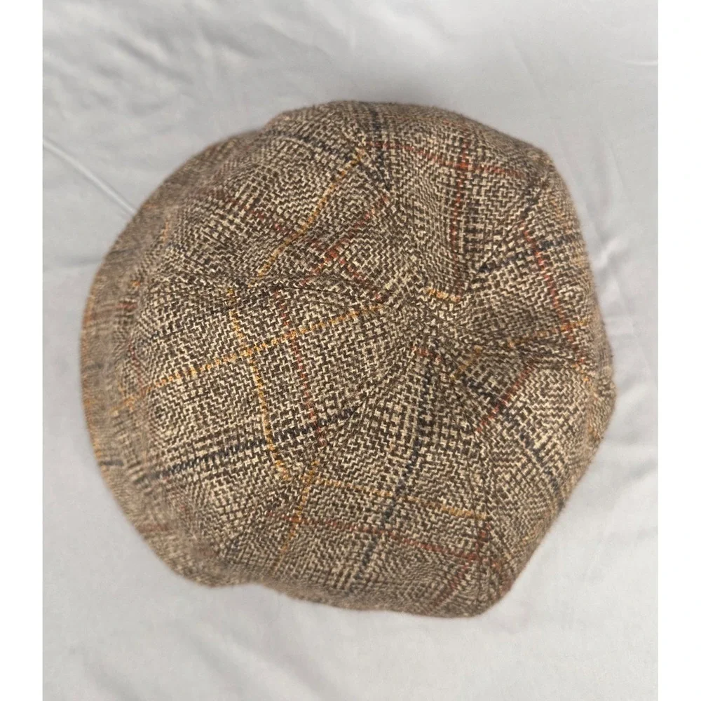Old‎ County Road Brown Plaid Tweed Newsboy Cap Gold Horsebit Accent OS